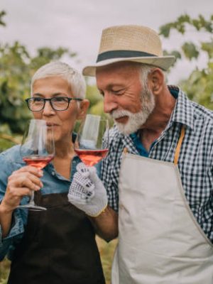 Couple drinking some wine outdoors while working on the filed of grape